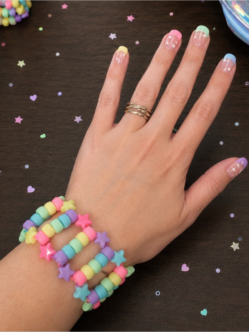Festival Rainbow Glow Stars Kandi Kids Cuff Bracelet "Sweet Tart" Color Theme.